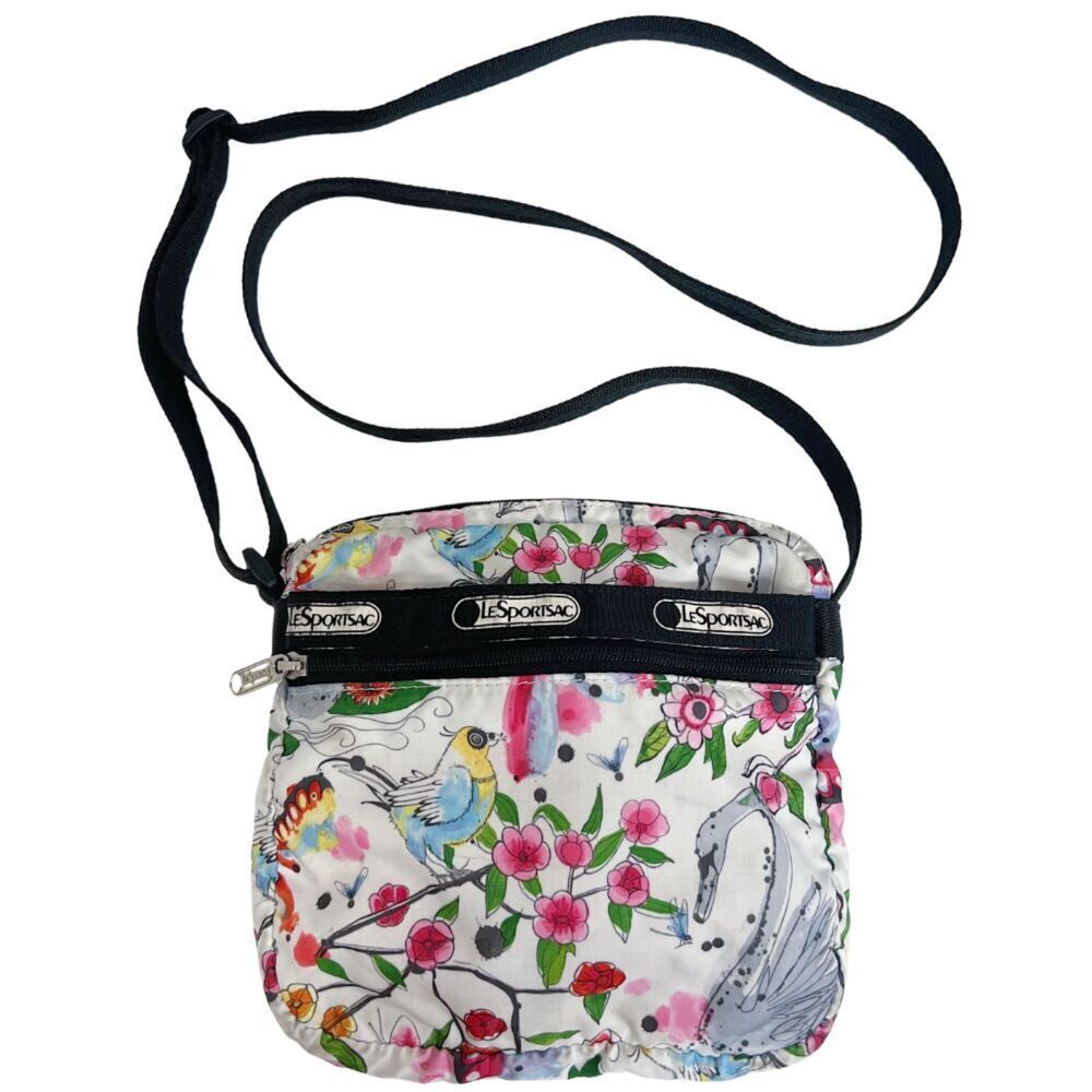 RARE LeSportSac Birds and Butterflies White Pink Nylon Crossbody Bag Swan